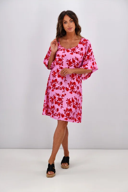 Gloss by Shine On Erin Kimono Sleeve Dress Pink Red Floral