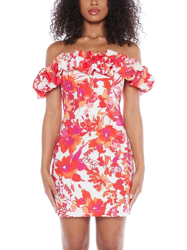 Juniors Womens Off-The-Shoulder Printed Cocktail And Party Dress