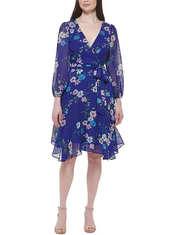 Petites Womens Floral Print Cocktail And Party Dress