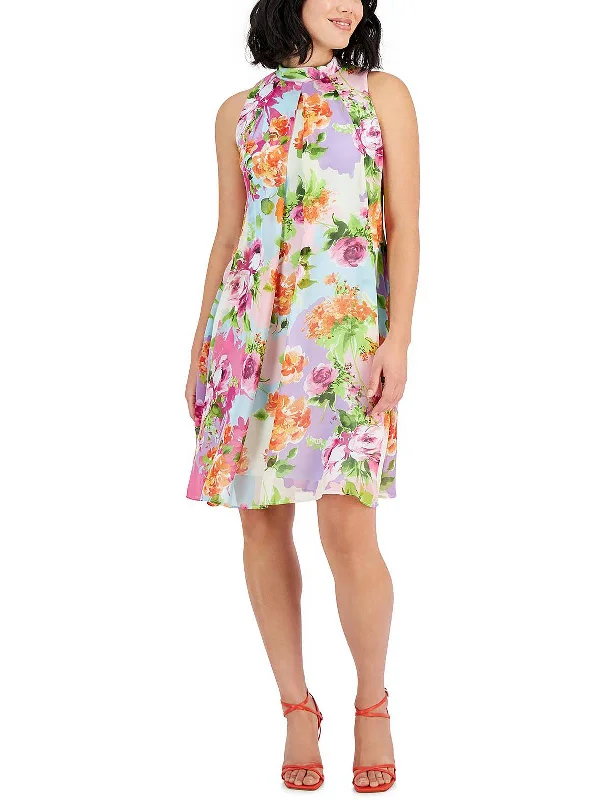 Petites Womens Floral Sleeveless Cocktail And Party Dress