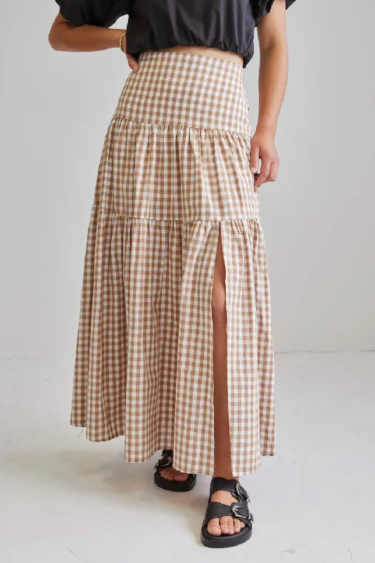 Playful Natural Gingham Tiered Maxi Skirt