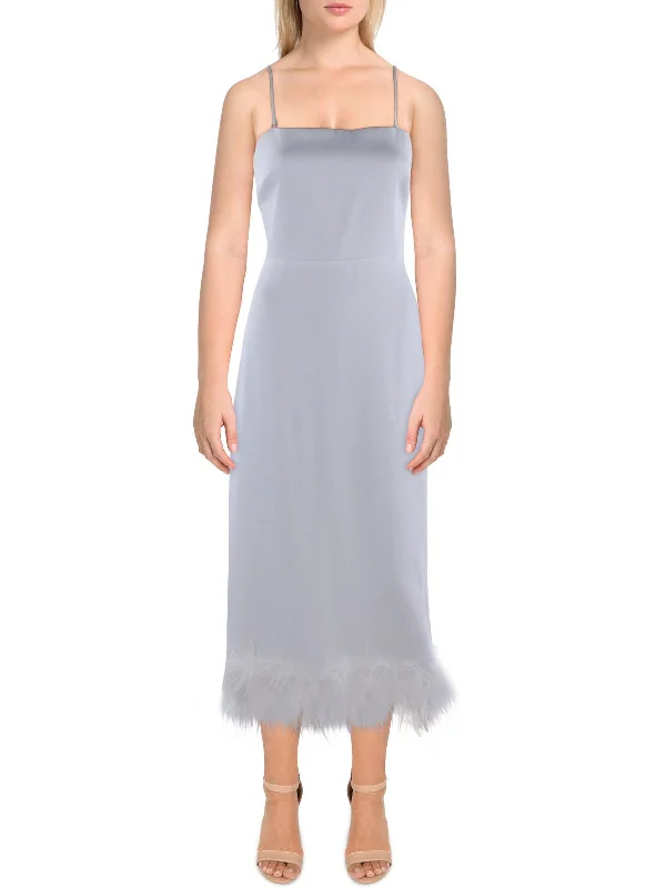 Womens Feather Trim Long Cocktail And Party Dress