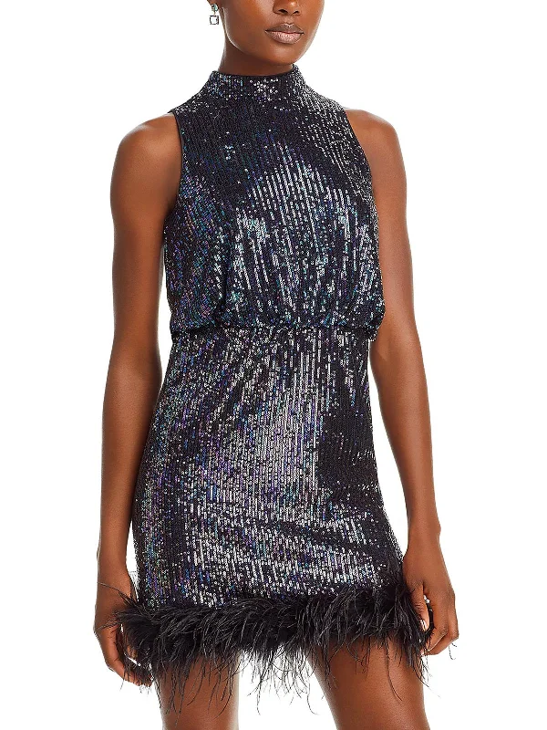 Womens Feather Trim Sequined Cocktail And Party Dress