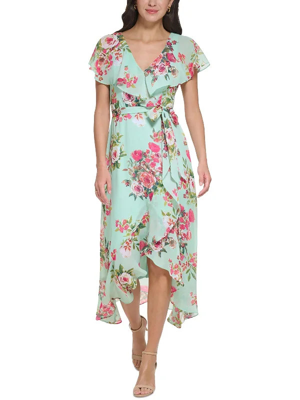 Womens Floral Faux Wrap Cocktail And Party Dress