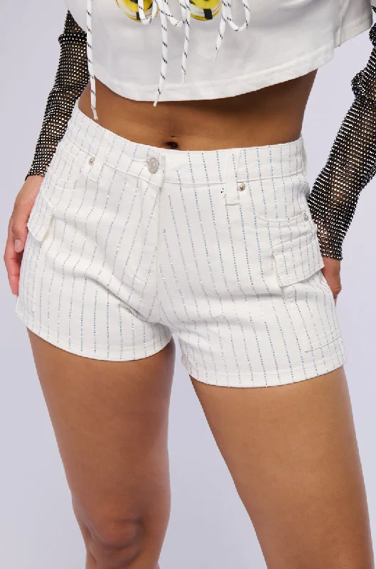 BRITTNI RHINESTONE CARGO DENIM SHORT IN WHITE