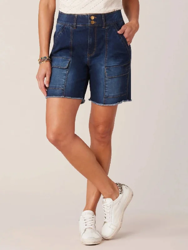 Double Button Cargo Short In Denim Blue