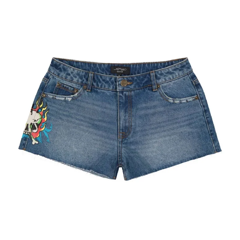 Women's Flame Skull Denim Short In Retro Medium