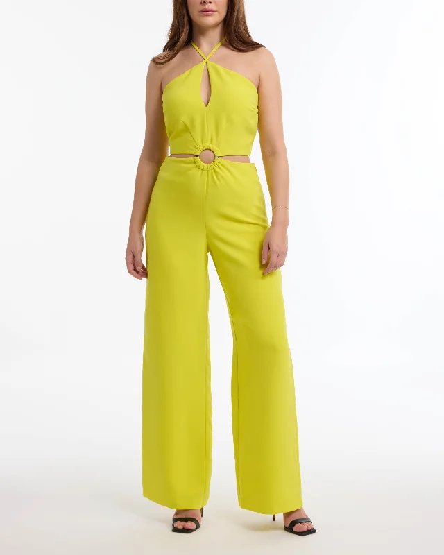 BEBE Women's Wide Leg Halter Jumpsuit with Keyhole Detail