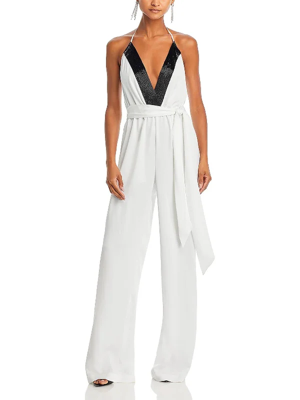 Kayla Womens Satin Embellished Jumpsuit