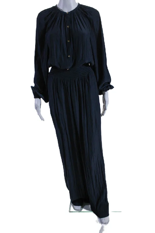 Ramy Brook Womens Navy Crew Neck Long Sleeve Wide Leg Lea Jumpsuit