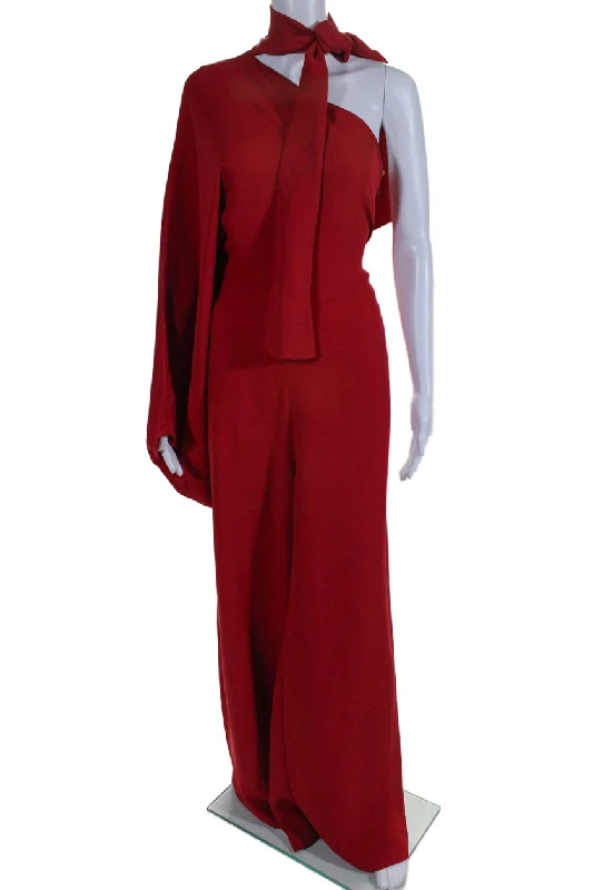 Valentino Womens Silk Crepe One Shoulder Wide Leg One Piece Jumpsuit Red