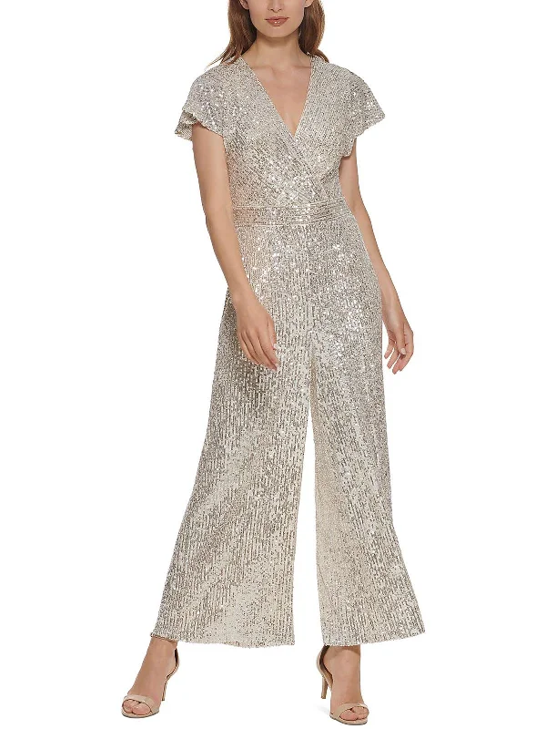 Womens Sequined Surplice Jumpsuit