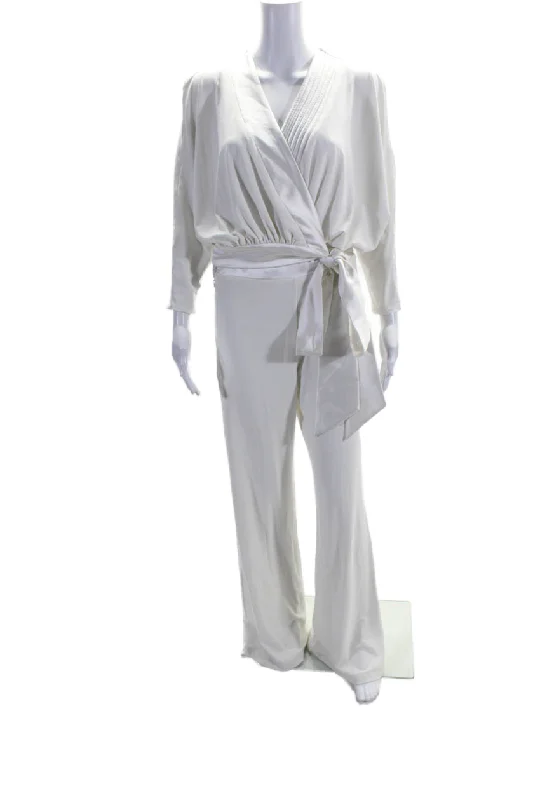 Zhivago Womens Long Sleeves V Neck Belted Wide Leg Jumpsuit White