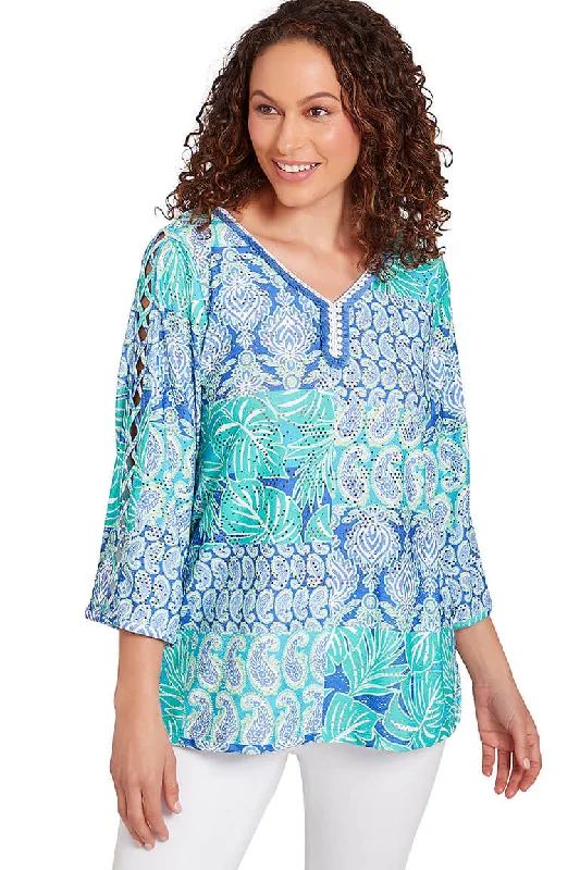 Petite Bali Blue Patchwork Printed Top