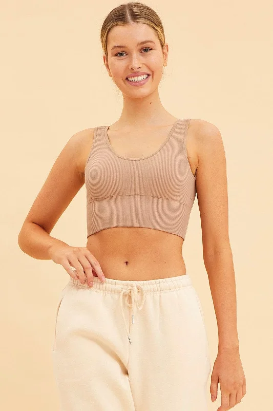 Beige Seamless Tank Top Scoop Neck Rib Crop