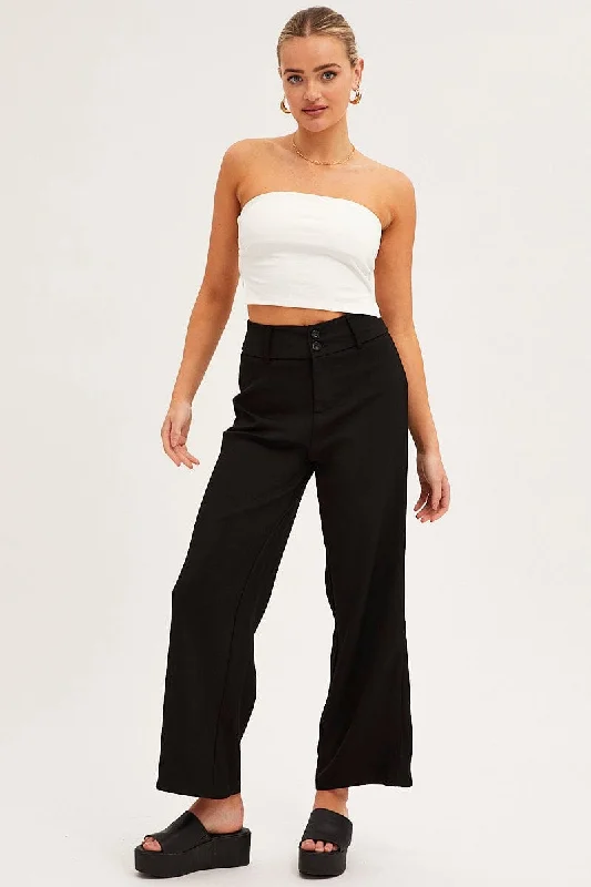 Black Mid Rise Pant Tailored Wide Leg