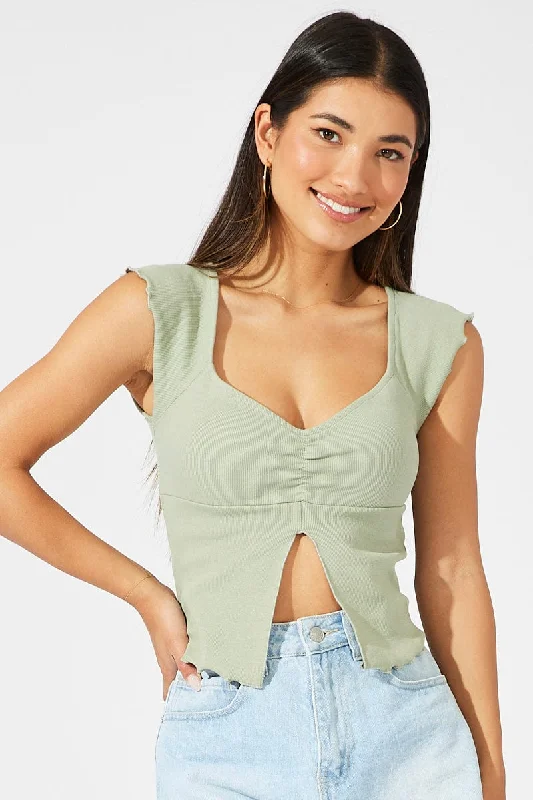 Green Top Split Front Short Sleeve