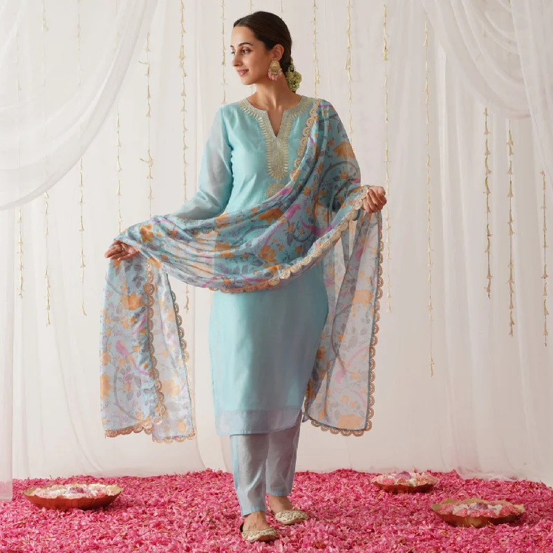 Light Blue Embroidered Chanderi Kurta Set with Dupatta