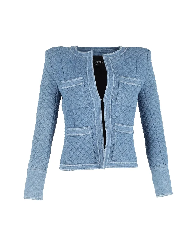 Balmain Quilted Collarless Blazer in Blue Cotton